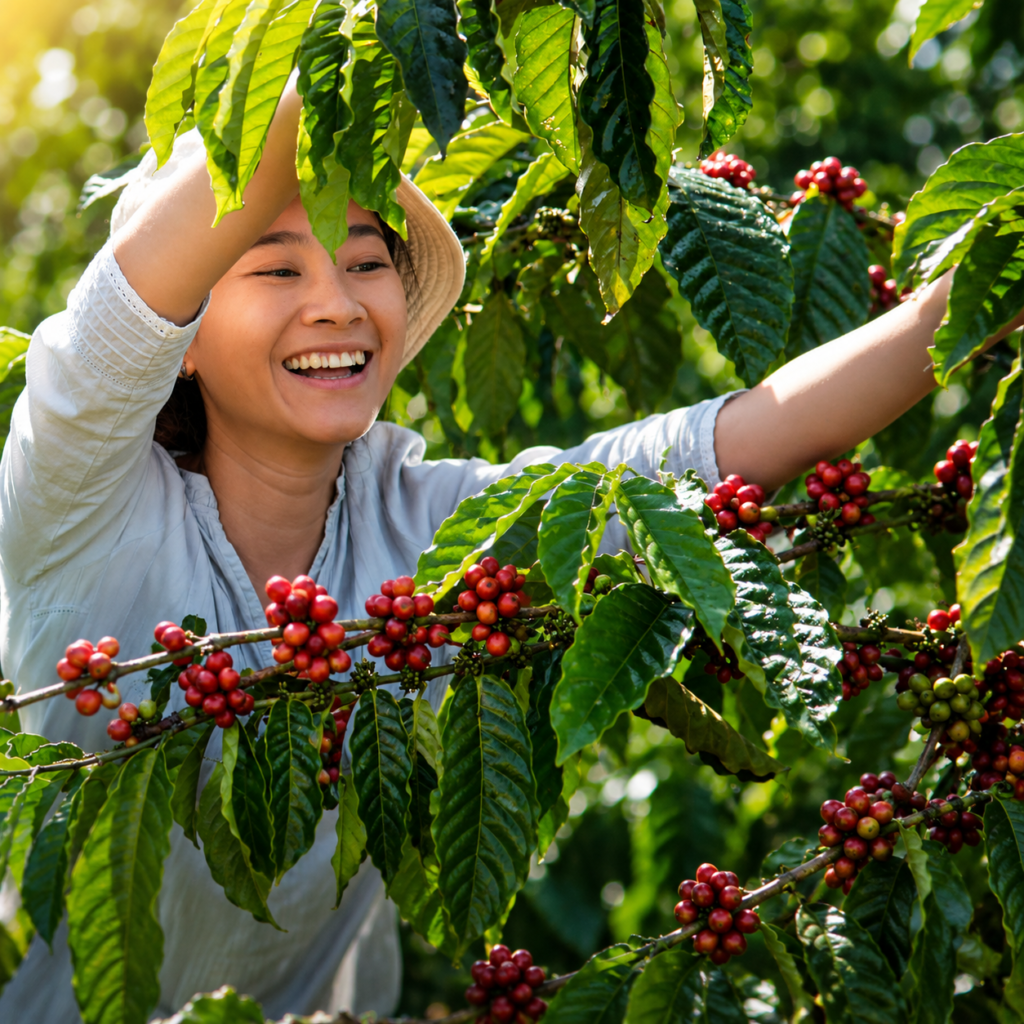 Smiling woman harvesting coffee cherries